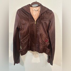 Women’s Mike & Chris Leather Hoodie Jacket – Burgundy, Size S
